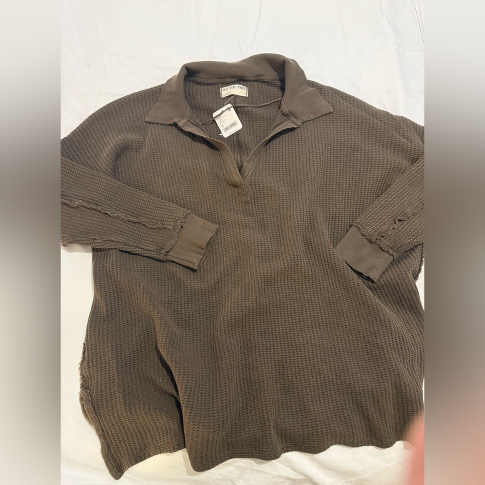 We The Free Brown Waffle Knit Long Sleeve Polo